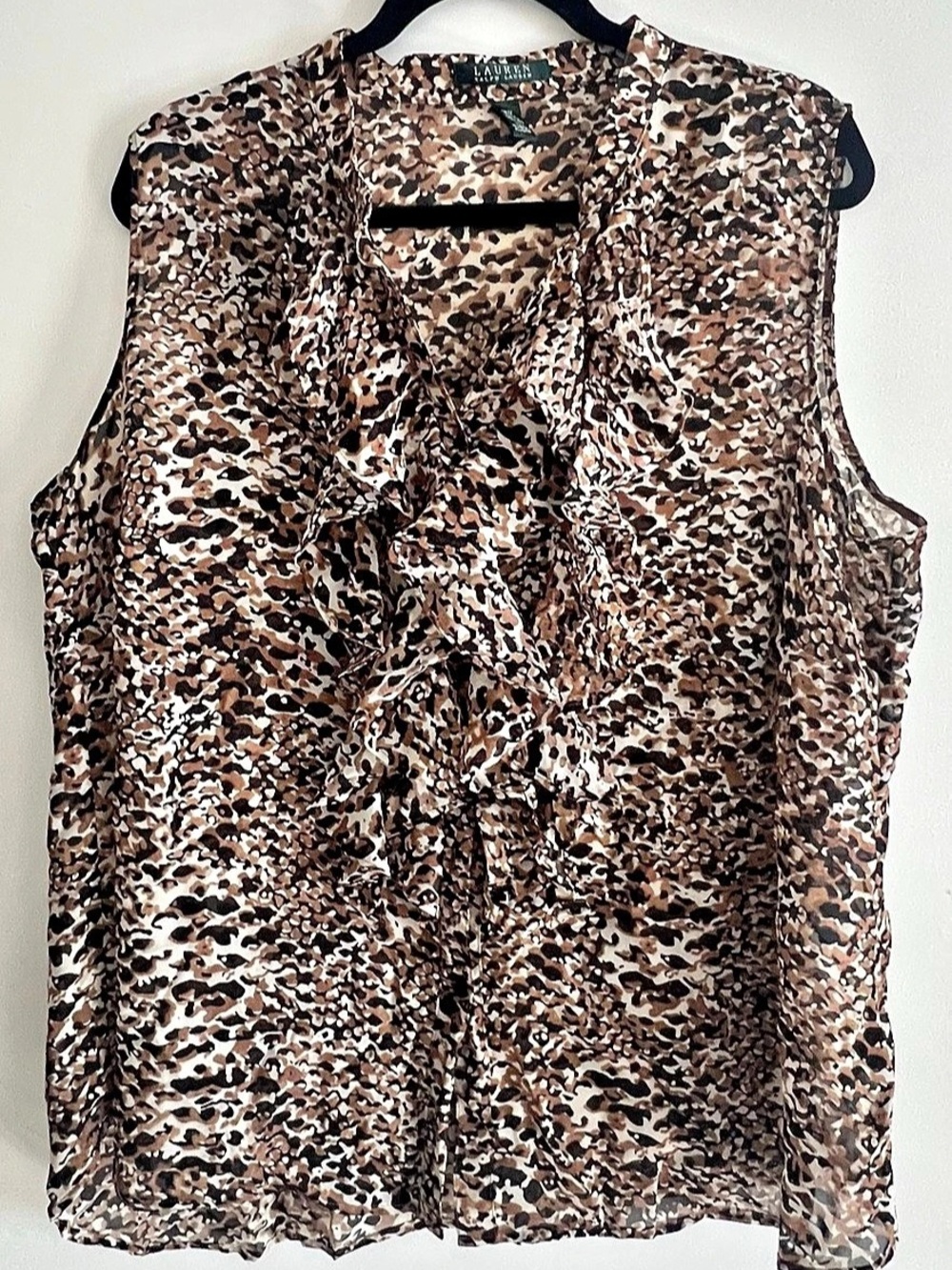 Lauren Ralph Lauren 18W Leopard Animal Print Ruffle Sleeveless Georgette Blouse